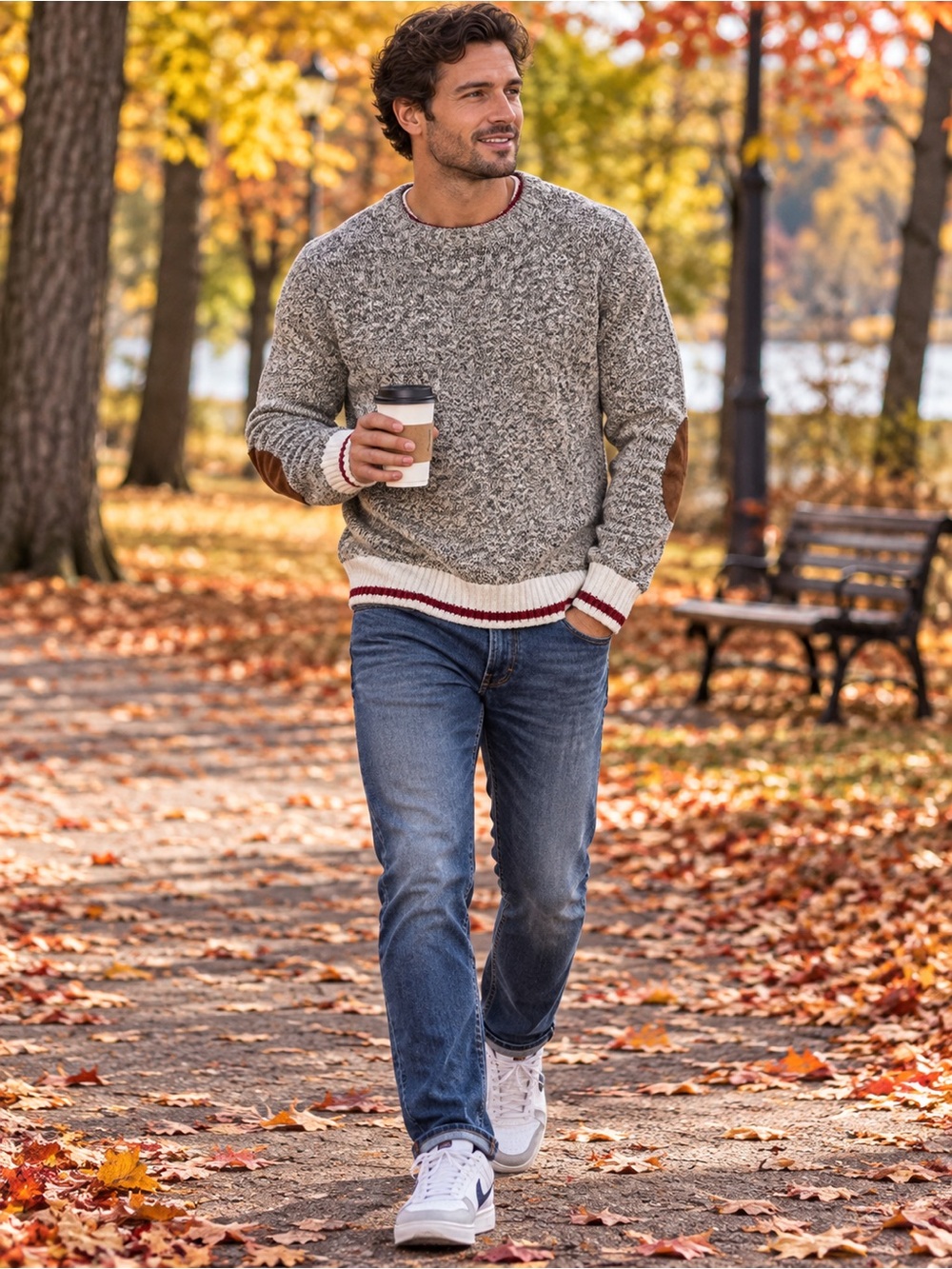 Le 31 Simon’s Men’s Marled Knit Sweater Medium | Suede Elbow Patches
